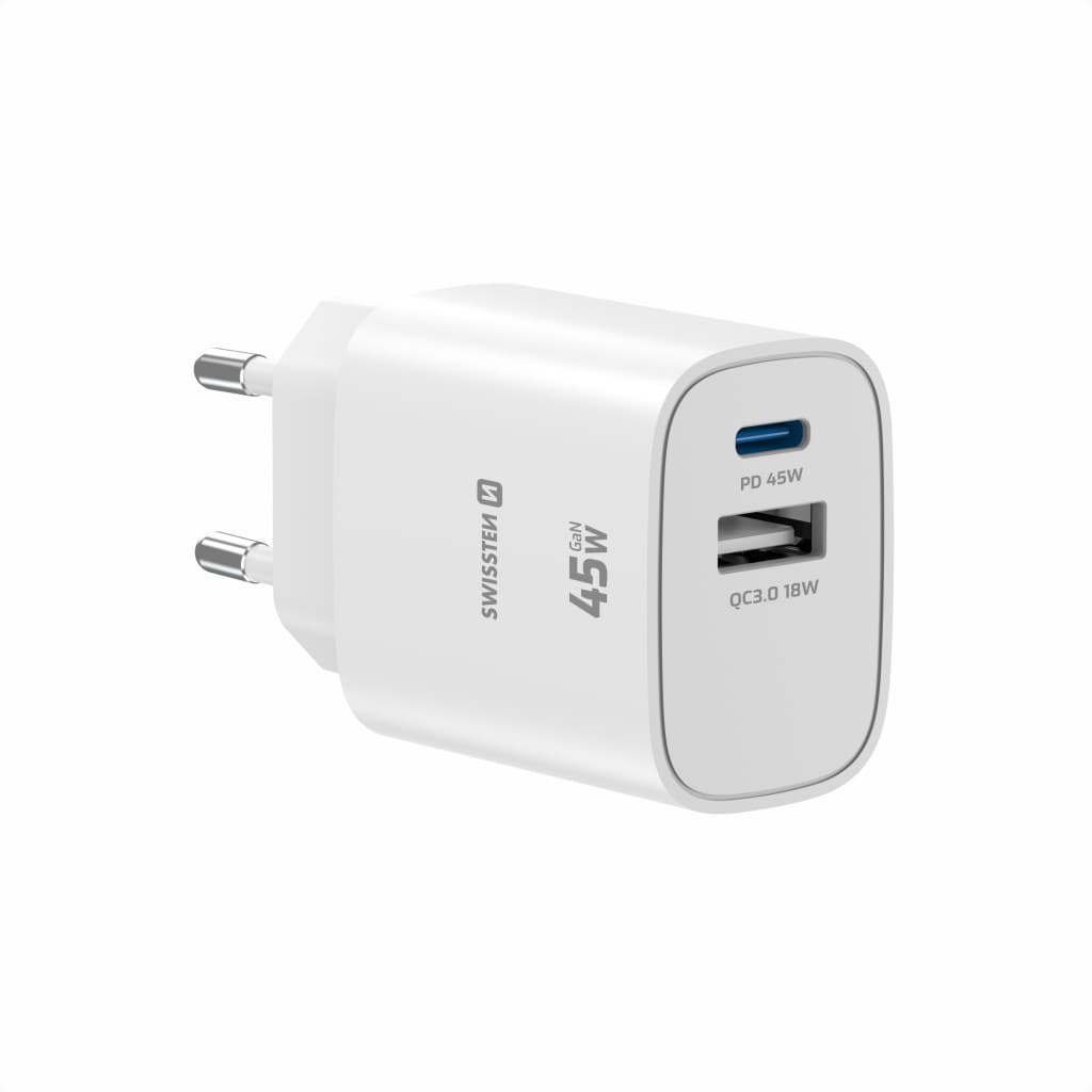 Adaptér Swissten Edge Gan 1x USB-C PD 45W + 1x USB-A 18W QC bílý - náhled 2