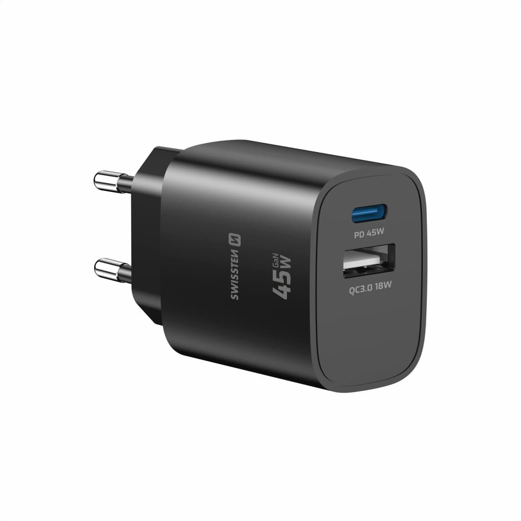 Adaptér Swissten Edge Gan 1x USB-C PD 45W + 1x USB-A 18W QC černý - náhled 2