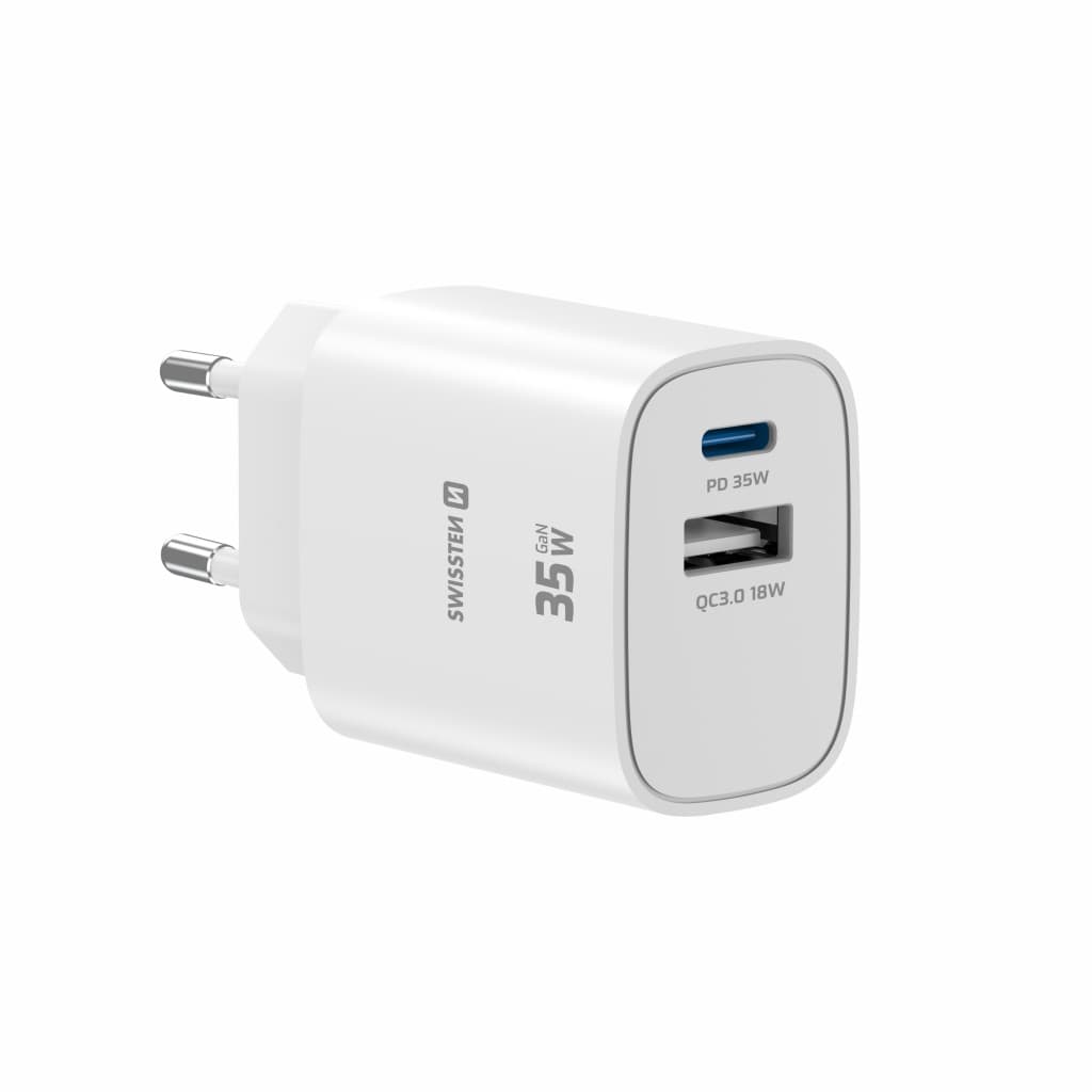 Adaptér Swissten Edge Gan 1x USB-C PD 35W + 1x USB-A 18W QC bílý - náhled 2