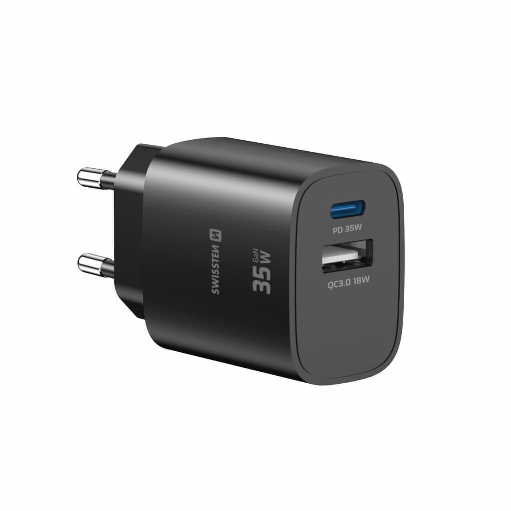 Adaptér Swissten Edge Gan 1x USB-C PD 35W + 1x USB-A 18W QC černý - náhled 2