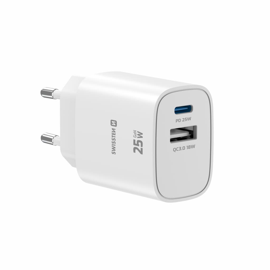 Adaptér Swissten Edge Gan 1x USB-C PD 25W + 1x USB-A 18W QC bílý - náhled 2
