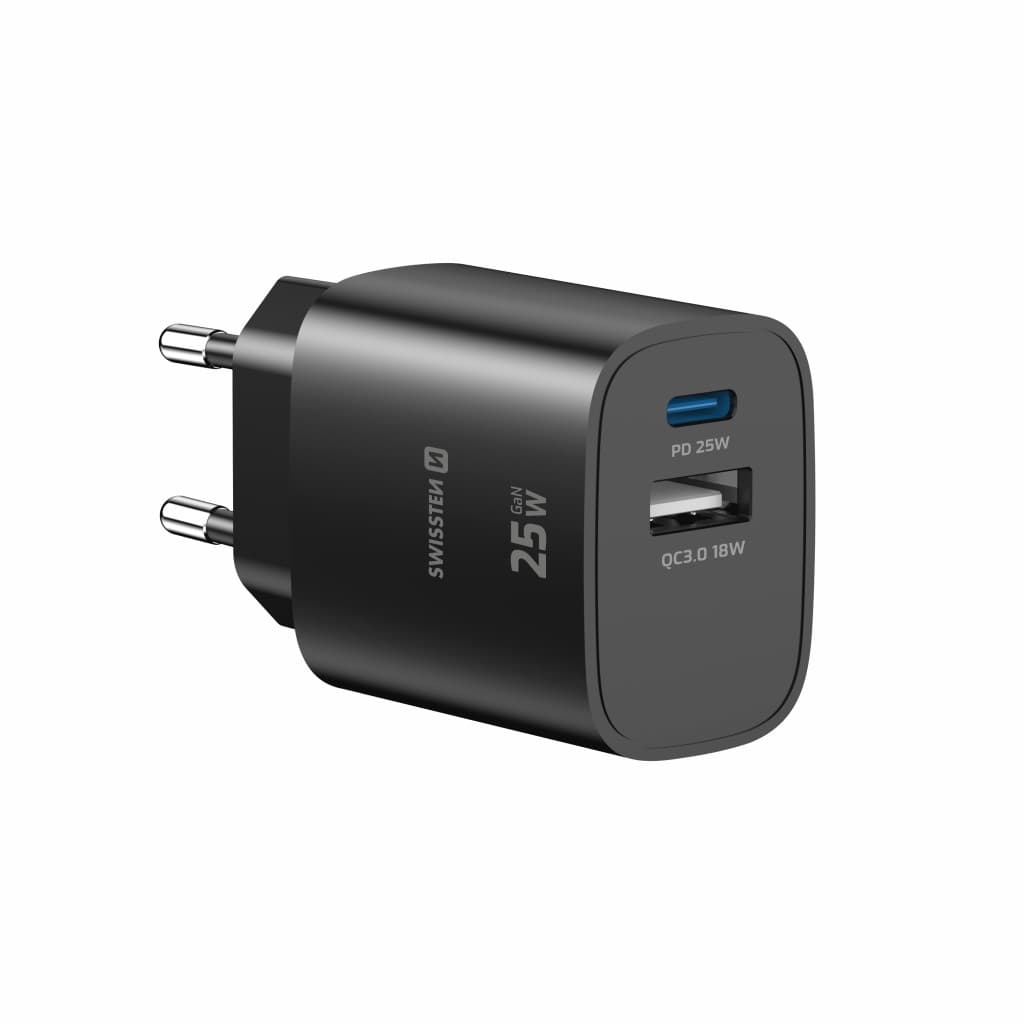 Adaptér Swissten Edge Gan 1x USB-C PD 25W + 1x USB-A 18W QC černý - náhled 2