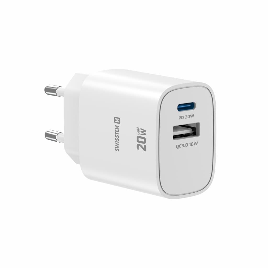 Adaptér Swissten Edge Gan 1x USB-C PD 20W + 1x USB-A 18W QC bílý - náhled 2