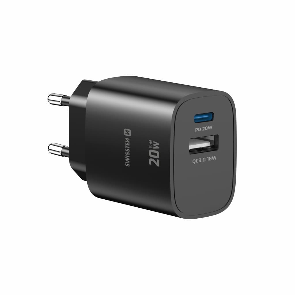 Adaptér Swissten Edge Gan 1x USB-C PD 20W + 1x USB-A 18W QC černý - náhled 2