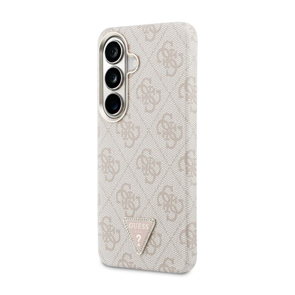 Zadní kryt Guess PU Leather 4G Strass Triangle Logo Gold Frame Magnetic pro Samsung Galaxy S26 růžový - náhled 2