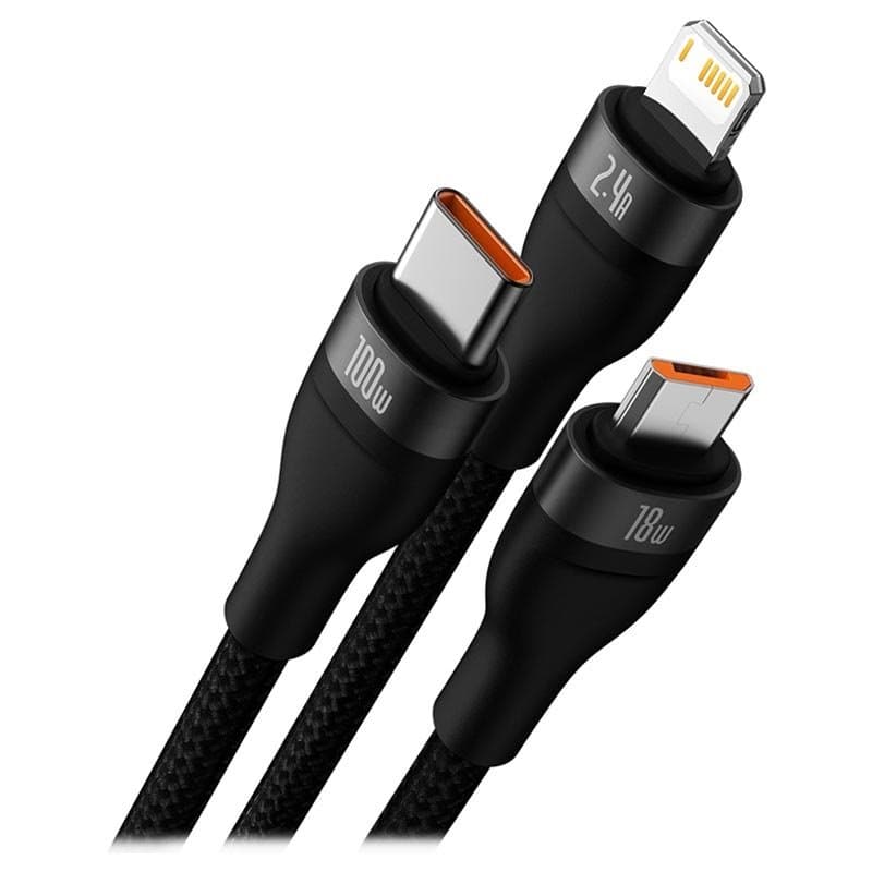 Baseus CASS030001 Flash Series 3v1 Kabel USB-A na USB-C, Lightning, MicroUSB 100W 1.2m Black - náhled 2