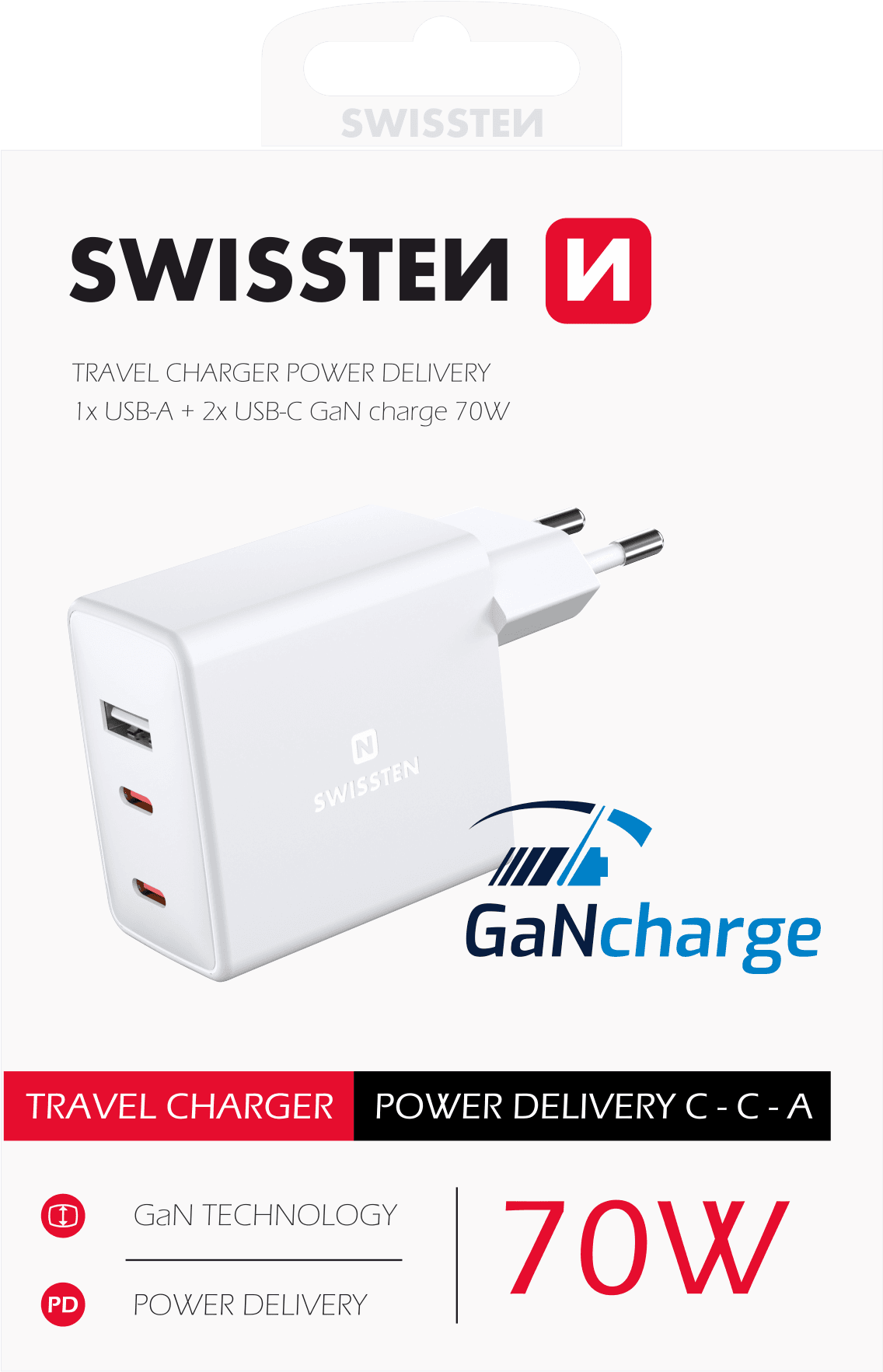 Swissten síťový adaptér gan 2x usb-c + 1xusb 70w - náhled 2