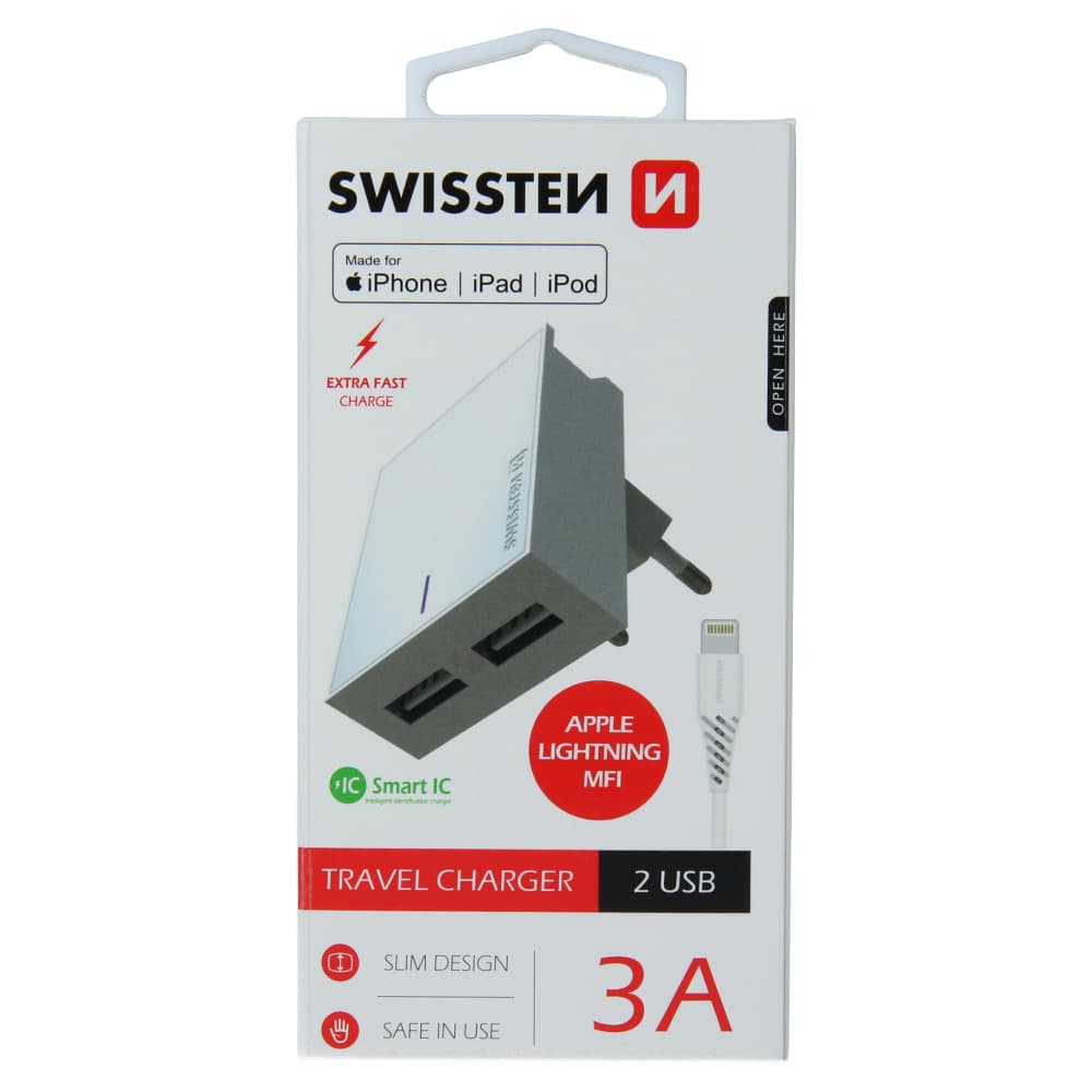 Swissten síťový adaptér smart ic 2x usb 3a power + datový kabel usb / lightning mfi 1,2 m bílý - náhled 2