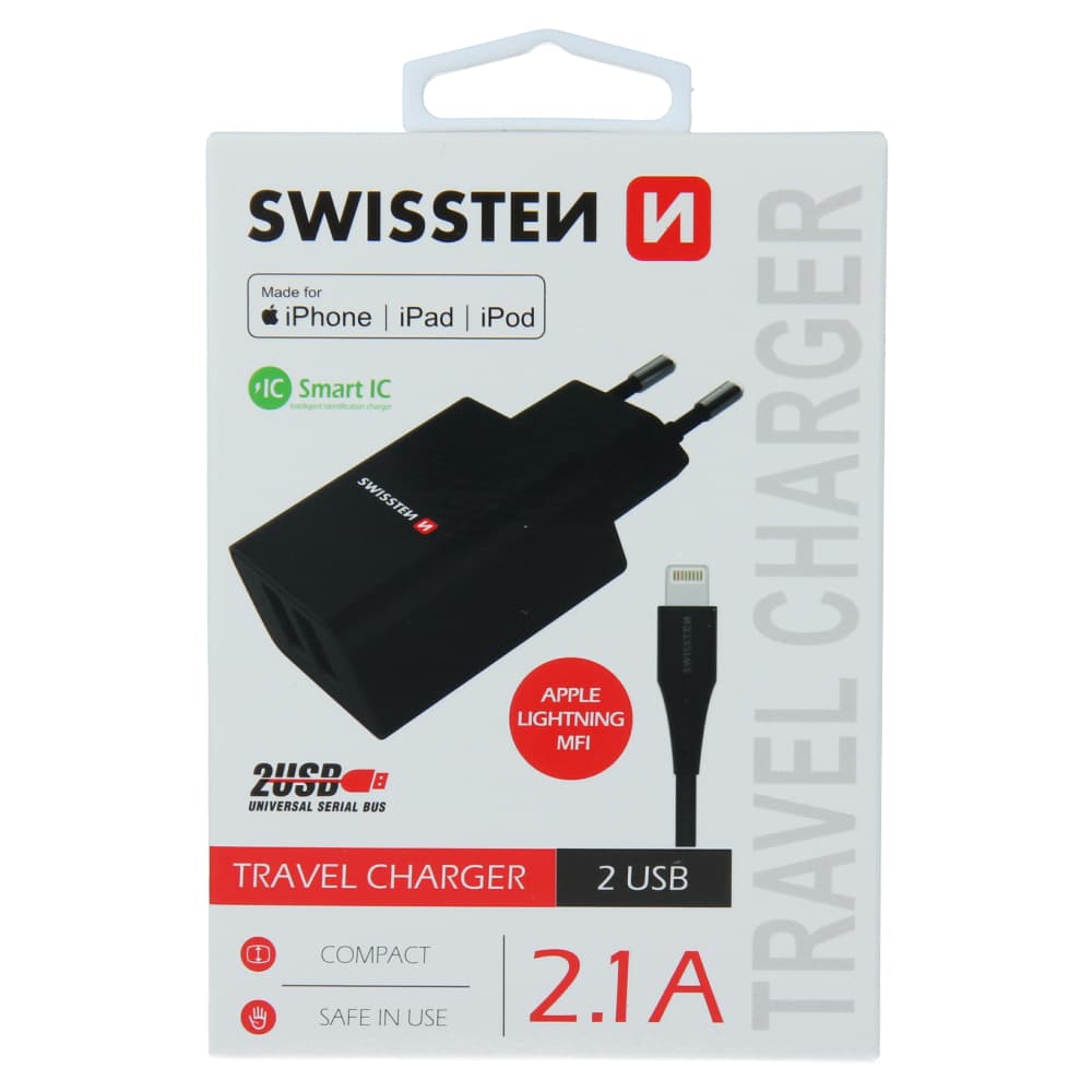 Swissten síťový adaptér smart ic 2x usb 2,1a power + datový kabel usb / lightning mfi 1,2 m černý - náhled 2