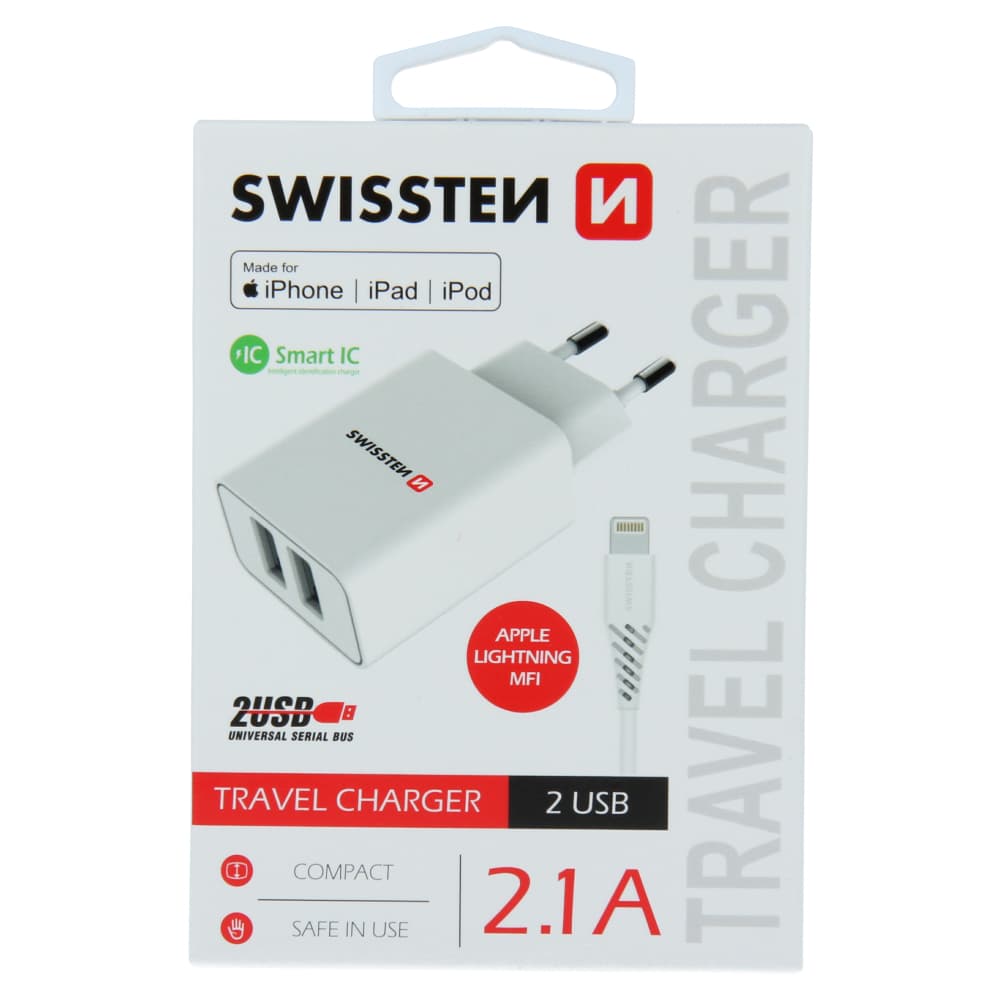 Swissten síťový adaptér smart ic 2x usb 2,1a power + datový kabel usb / lightning mfi 1,2 m bílý - náhled 2