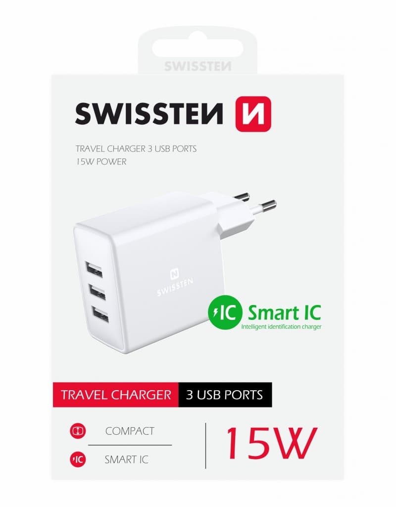 Swissten síťový adaptér 3x usb 3a 15w bílý - náhled 2