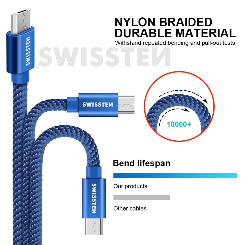 Datový kabel swissten textile usb / micro usb 2,0 m modrý - náhled 2