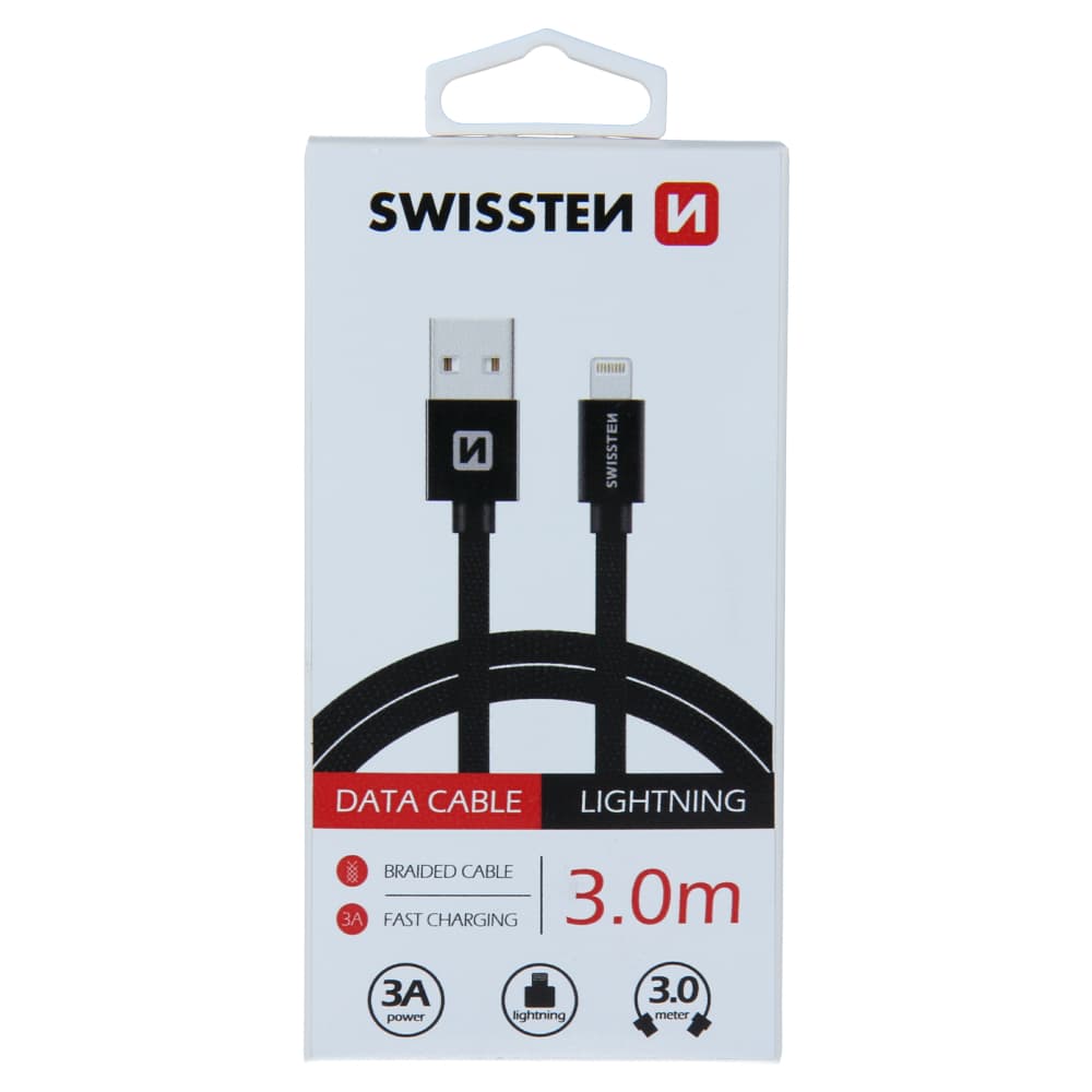 Datový kabel swissten textile usb / lightning 3,0 m černý - náhled 2