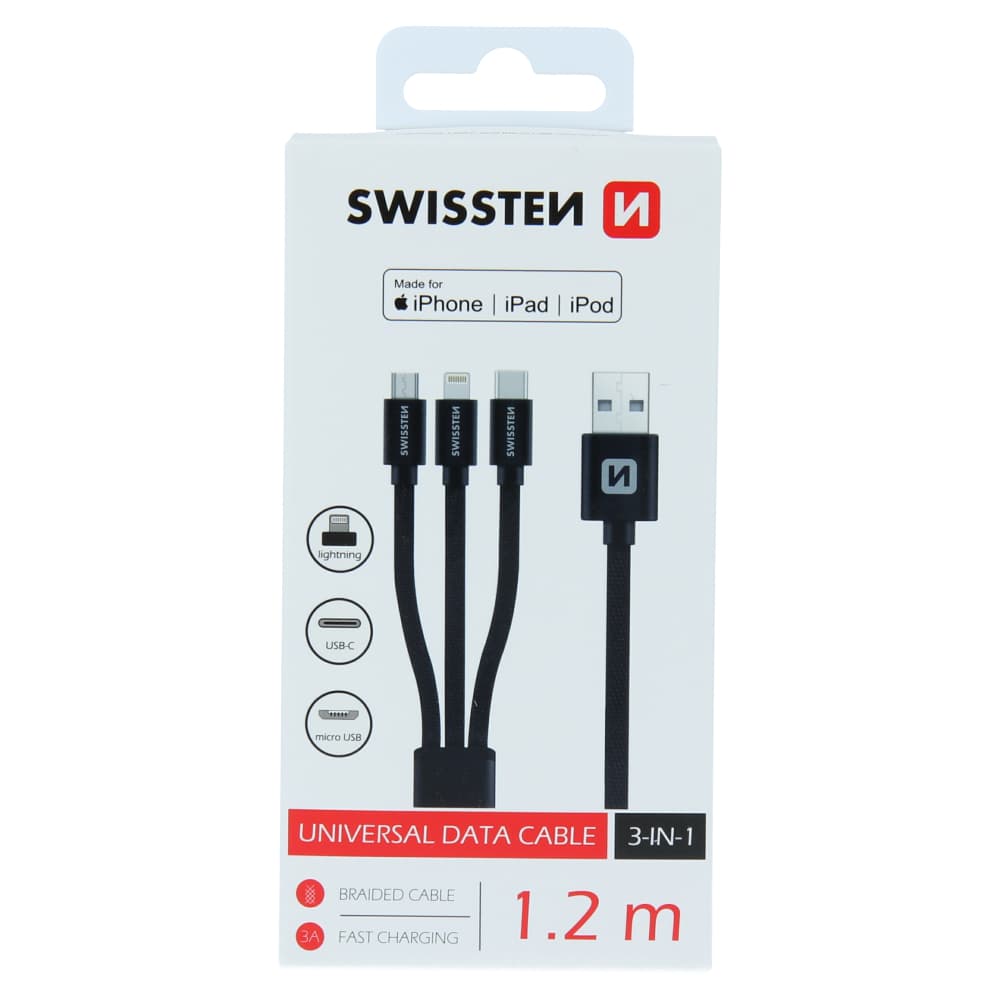 Datový kabel Swissten textile 3v1 mfi 1,2 m černý - náhled 2