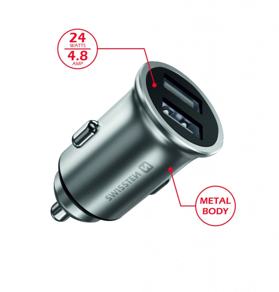 Swissten cl adaptér 2x usb 4,8a metal silver (eco balení) - náhled 2