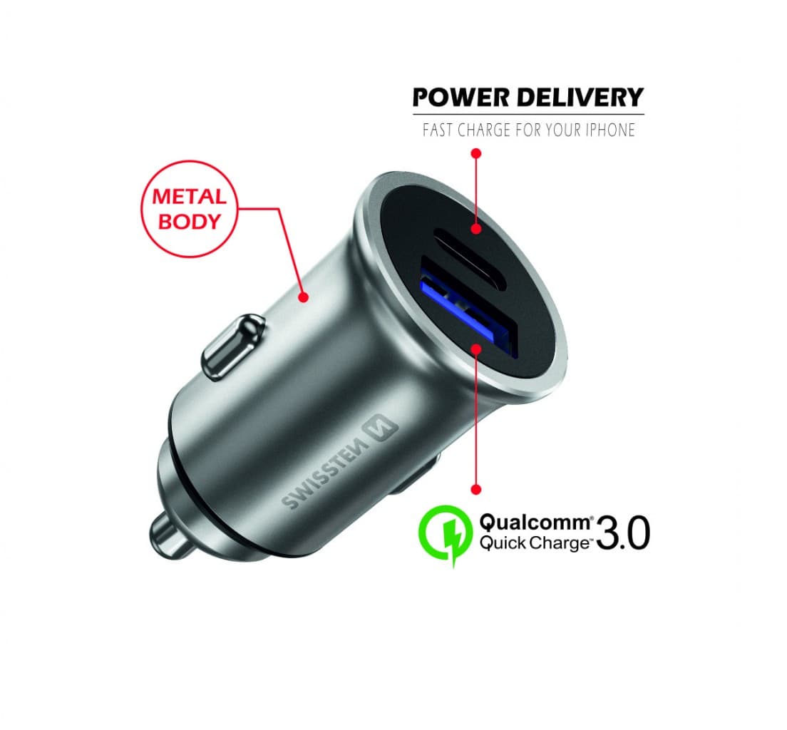 Swissten cl adaptér power delivery usb-c + quick charge 3.0 36w metal stříbrný - náhled 2