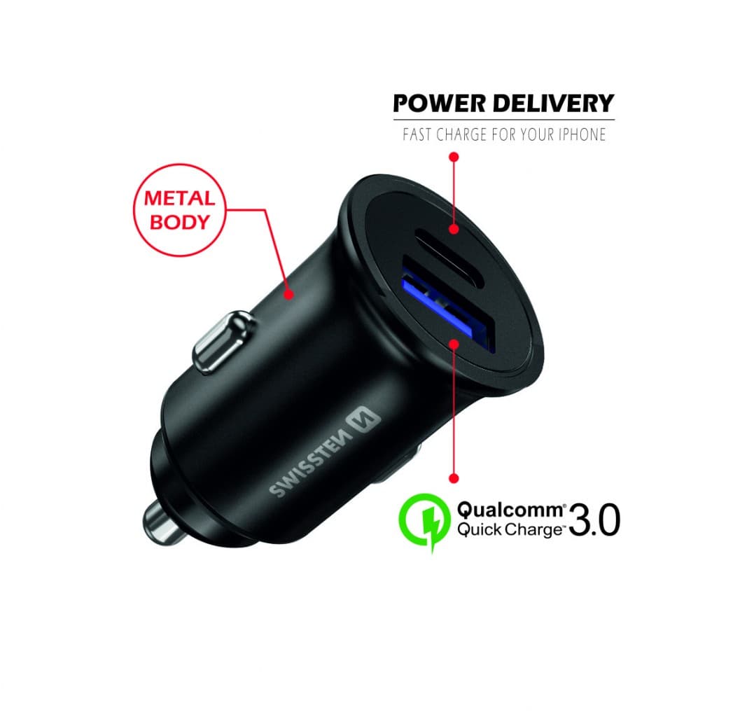 Swissten cl adaptér power delivery usb-c + quick charge 3.0 36w metal černý - náhled 2