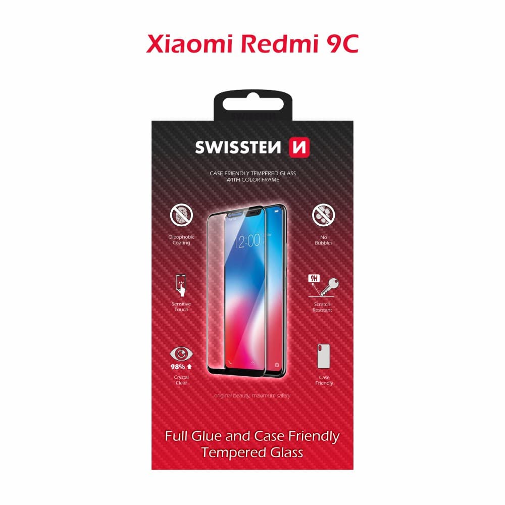 Sklo swissten full glue, color frame, case friendly xiaomi redmi 9c černé - náhled 2