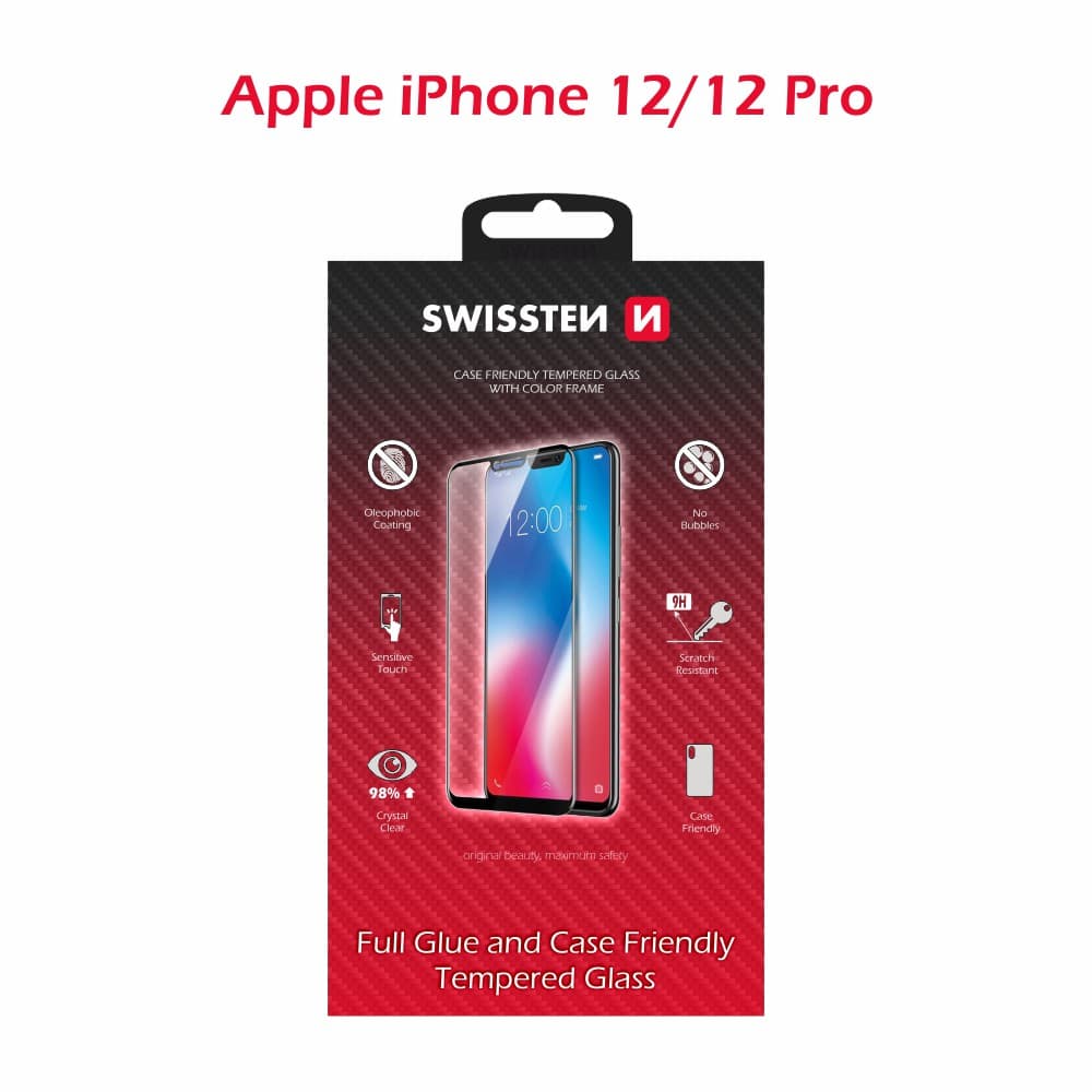 Sklo swissten full glue, color frame, case friendly apple iphone 12/12 pro černé - náhled 2