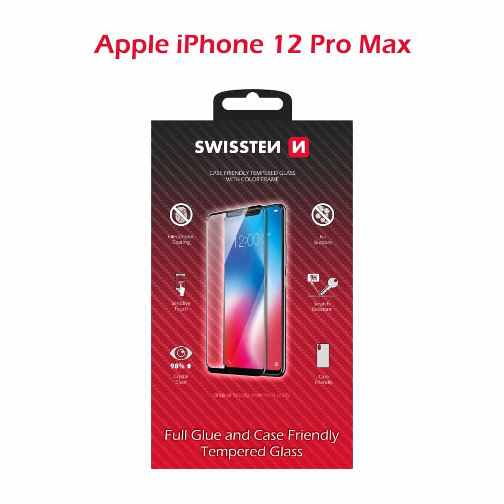 Sklo swissten full glue, color frame, case friendly apple iphone 12 pro max černé - náhled 2