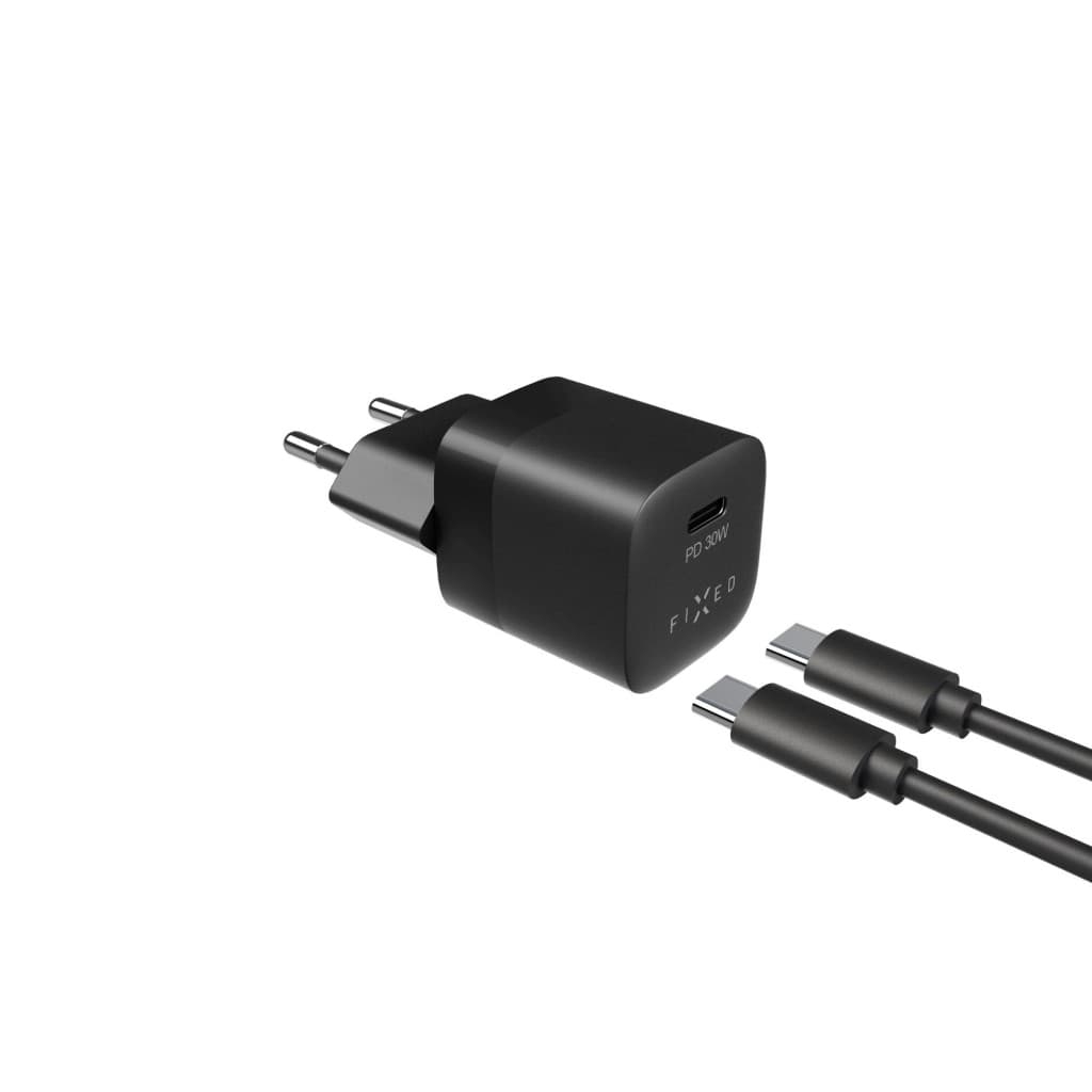 Set síťové nabíječky FIXED Mini s USB-C výstupem a USB-C/USB-C kabelu, podpora PD, 1 metr, 30W, černý - náhled 2