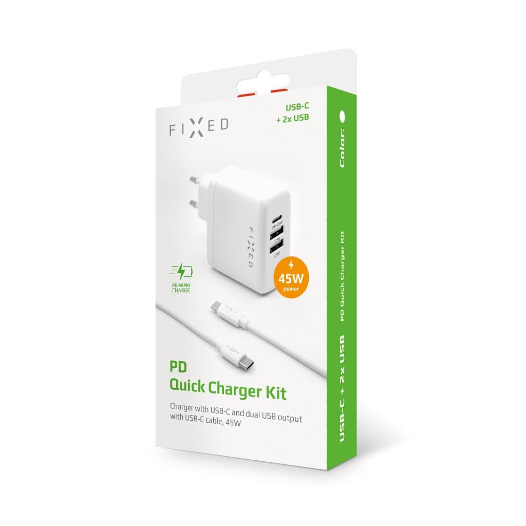 Set síťové nabíječky FIXED s USB-C a 2xUSB výstupem a USB-C/USB-C kabelu, podpora PD, 45W, bílý - náhled 2