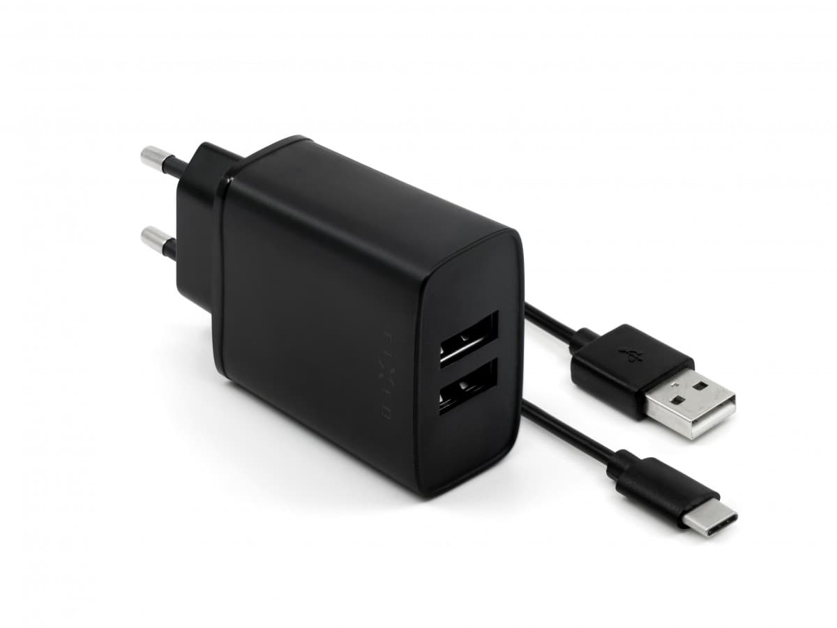 Set síťové nabíječky FIXED s 2xUSB výstupem a USB/USB-C kabelu, 1 metr, 15W Smart Rapid Charge, černá - náhled 2
