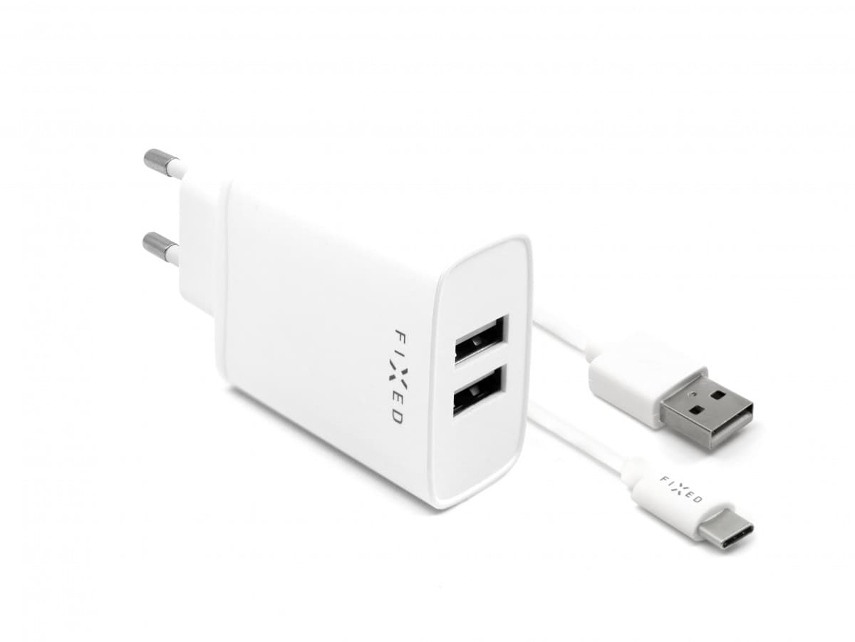 Set síťové nabíječky FIXED s 2xUSB výstupem a USB/USB-C kabelu, 1 metr, 15W Smart Rapid Charge, bílá - náhled 2