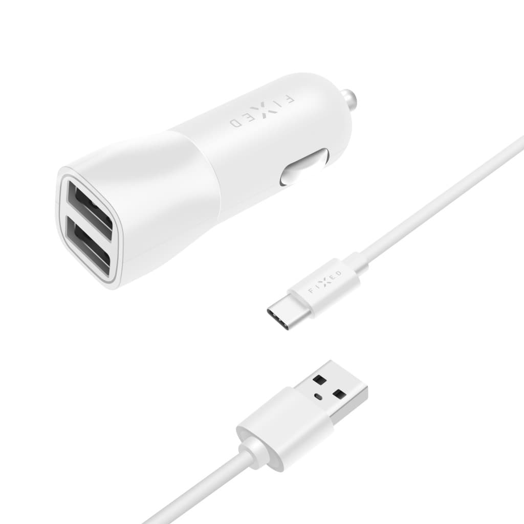 Set autonabíječky FIXED s 2xUSB výstupem a USB/USB-C kabelu, 1 metr, 15W Smart Rapid Charge, bílá - náhled 2