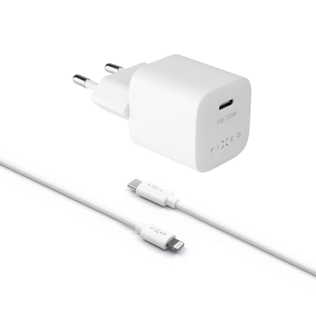 Set síťové nabíječky FIXED Mini s USB-C výstupem a USB-C/Lightning kabelu, podpora PD, 1 metr, MFI, 20W, bílý - náhled 2