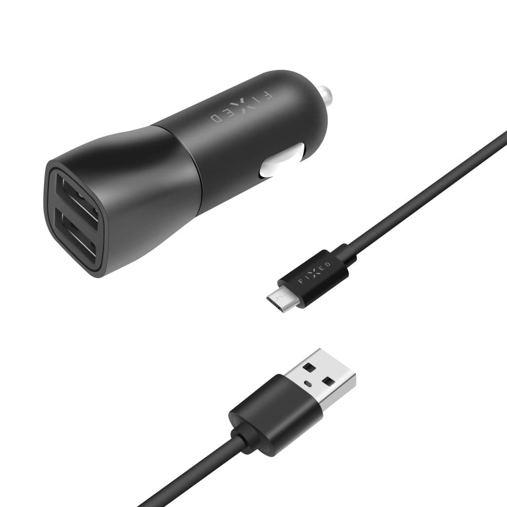 Set autonabíječky FIXED s 2xUSB výstupem a USB/micro USB kabelu, 1 metr, 15W Smart Rapid Charge, černá - náhled 2