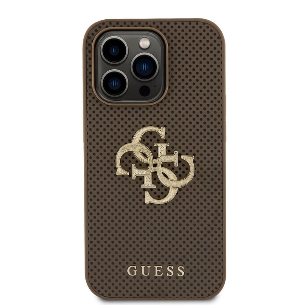 Guess PU Perforated 4G Glitter Metal Logo Zadní Kryt pro iPhone 15 Pro Taupe - náhled 3
