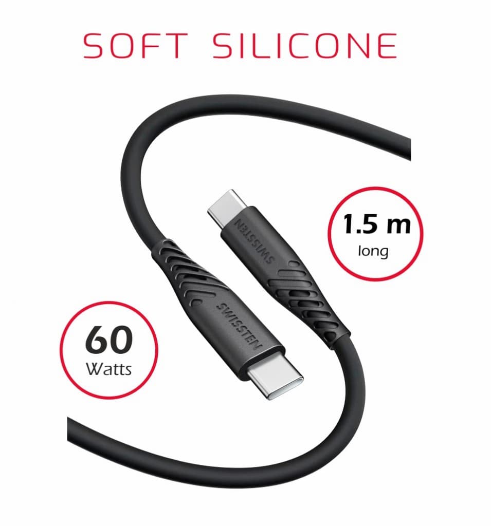 Datový kabel swissten soft silicone usb-c / usb-c 1,5 m 60w černý - náhled 3