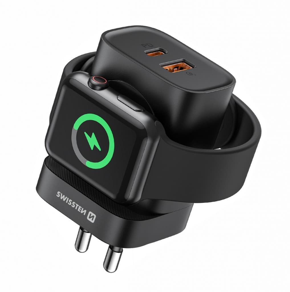 Adaptér Swissten s funkcí rychlonabíjení 1x USB-A, 1x USB-C a Apple Watch 20W černý - náhled 3