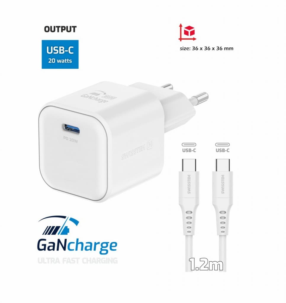 Rychlonabíječka Swissten vč. datového kabelu USB-C 1.2m 20W bílá - náhled 3