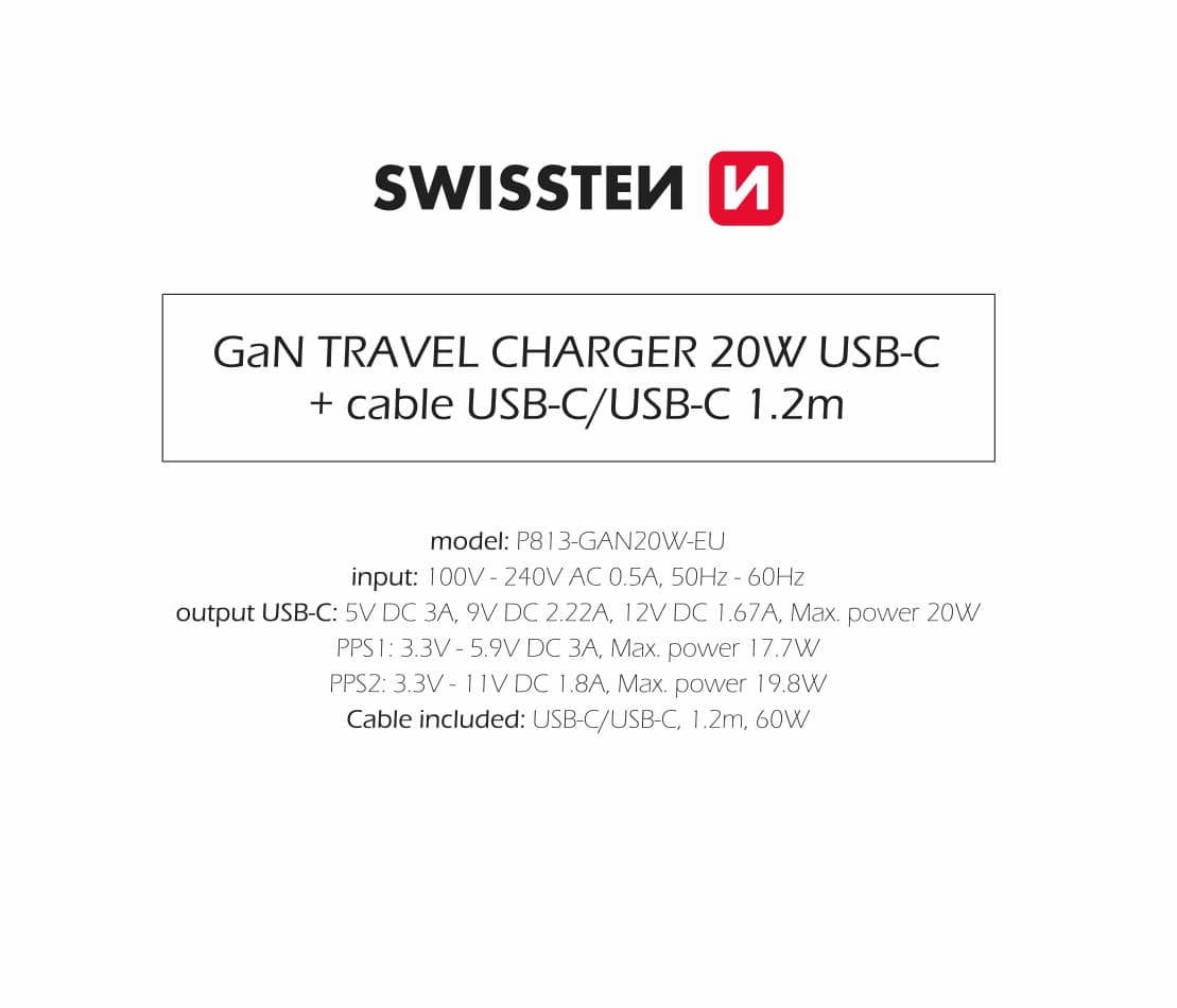 Rychlonabíječka Swissten vč. datového kabelu USB-C 1.2m 20W černá - náhled 3