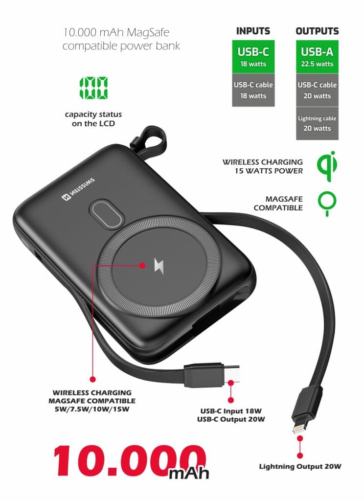 Powerbanka Swissten 10000 mAh s funkcí rychlonabíjení 20W s kabely USB-C a Lightning (kompatibilní s magsafe) - náhled 3