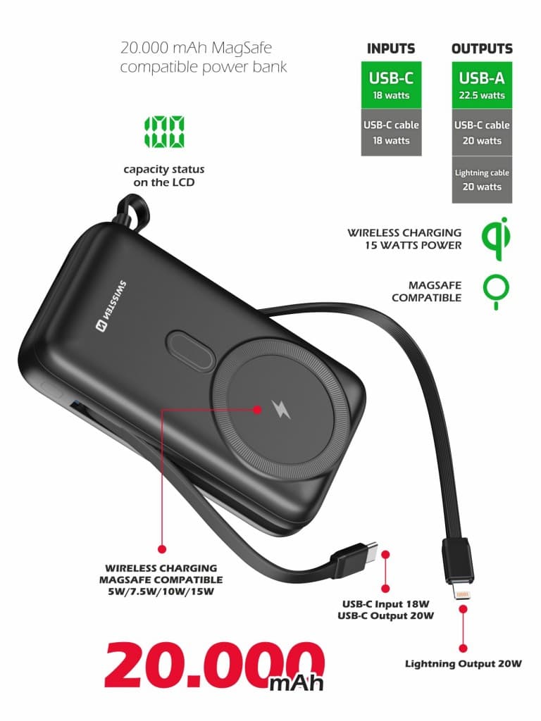 Powerbanka Swissten 20000 mAh s funkcí rychlonabíjení 20W s kabely USB-C a Lightning (kompatibilní s magsafe) - náhled 3