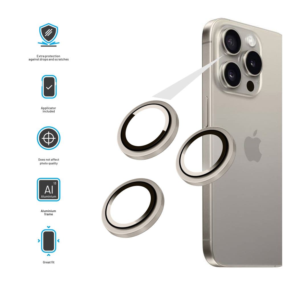 Ochranná skla čoček fotoaparátů FIXED Camera Glass pro Apple iPhone 15 Pro/15 Pro Max, přírodní titan - náhled 3