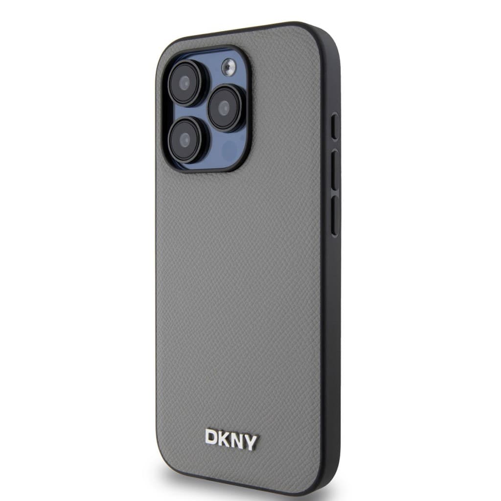 Zadní Kryt DKNY PU Leather Silver Metal Logo Magsafe pro iPhone 15 Pro Grey - náhled 3