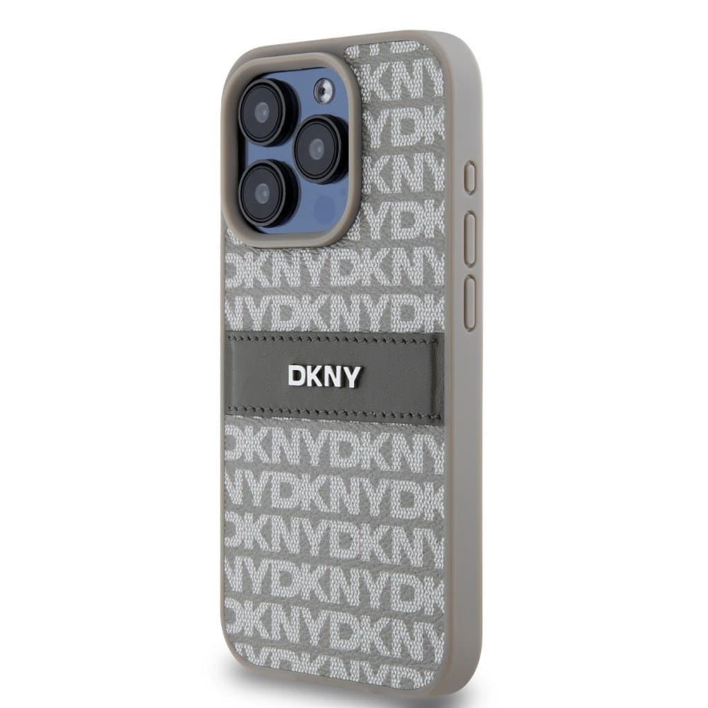 Zadní Kryt DKNY PU Leather Repeat Pattern Tonal Stripe na iPhone 15 Pro Beige - náhled 3