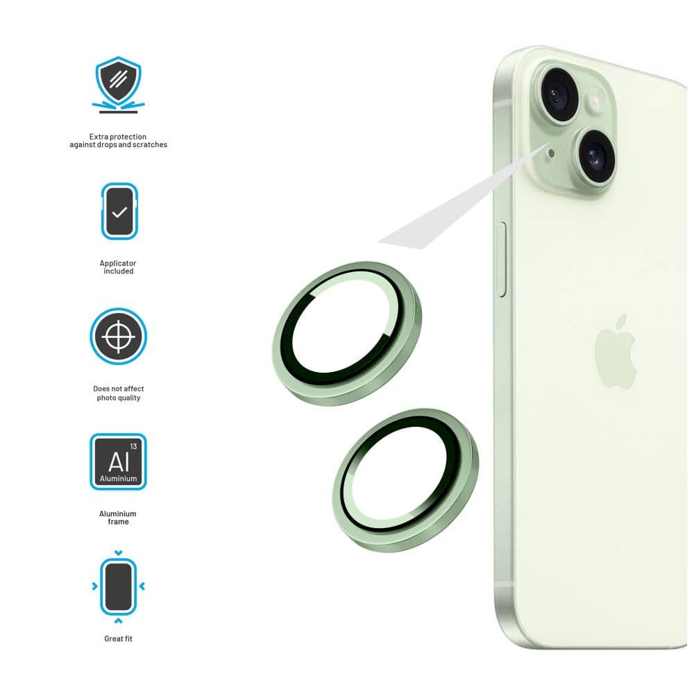 Ochranná skla čoček fotoaparátů FIXED Camera Glass pro Apple iPhone 15/15 Plus, světle zelená - náhled 3