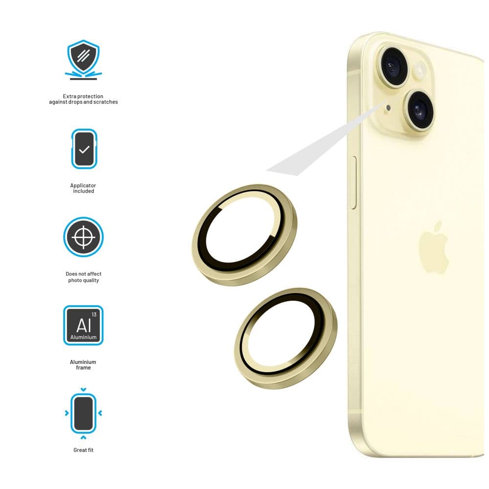 Ochranná skla čoček fotoaparátů FIXED Camera Glass pro Apple iPhone 15/15 Plus, žlutá - náhled 3
