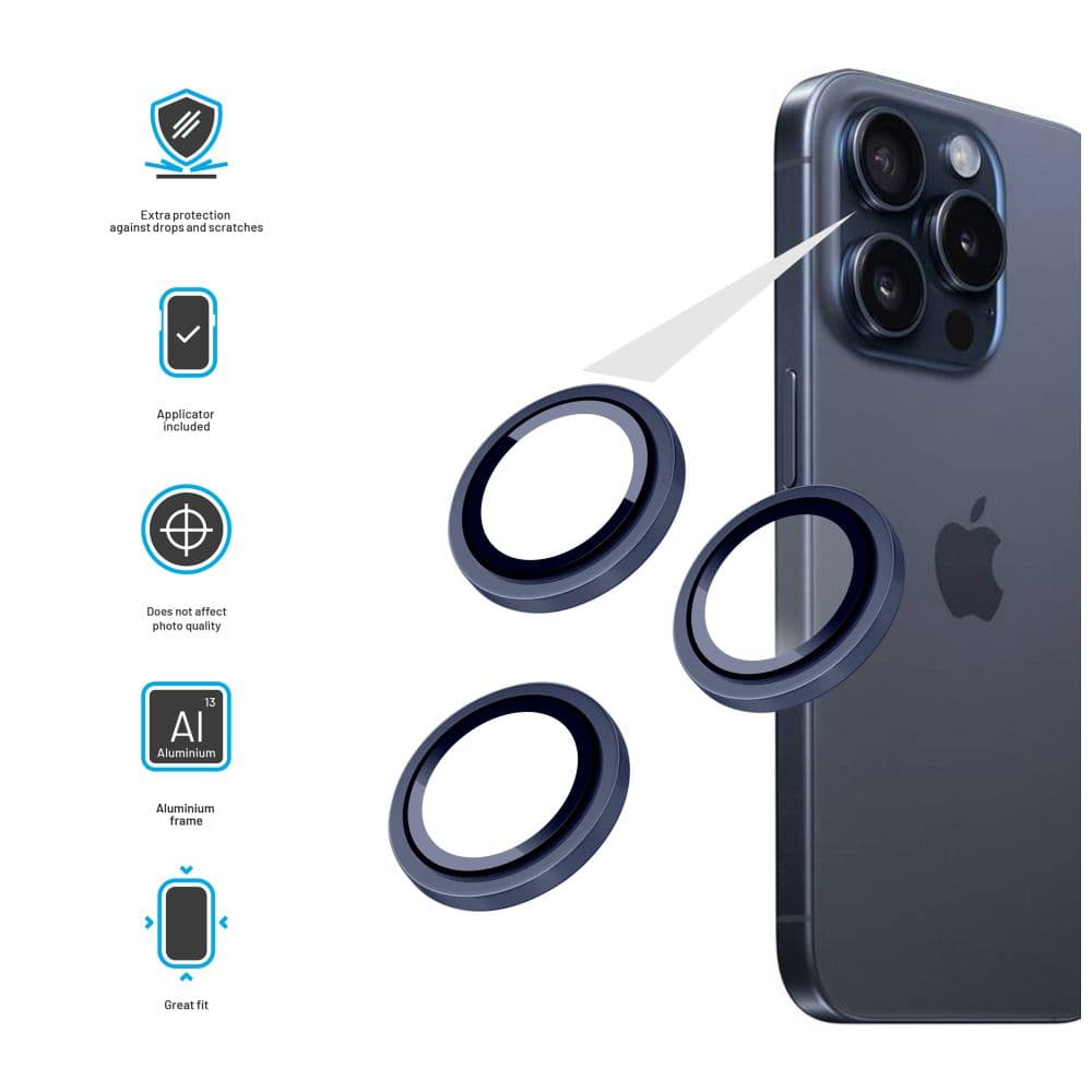 Ochranná skla čoček fotoaparátů FIXED Camera Glass pro Apple iPhone 15 Pro/15 Pro Max, tmavě modrá - náhled 3