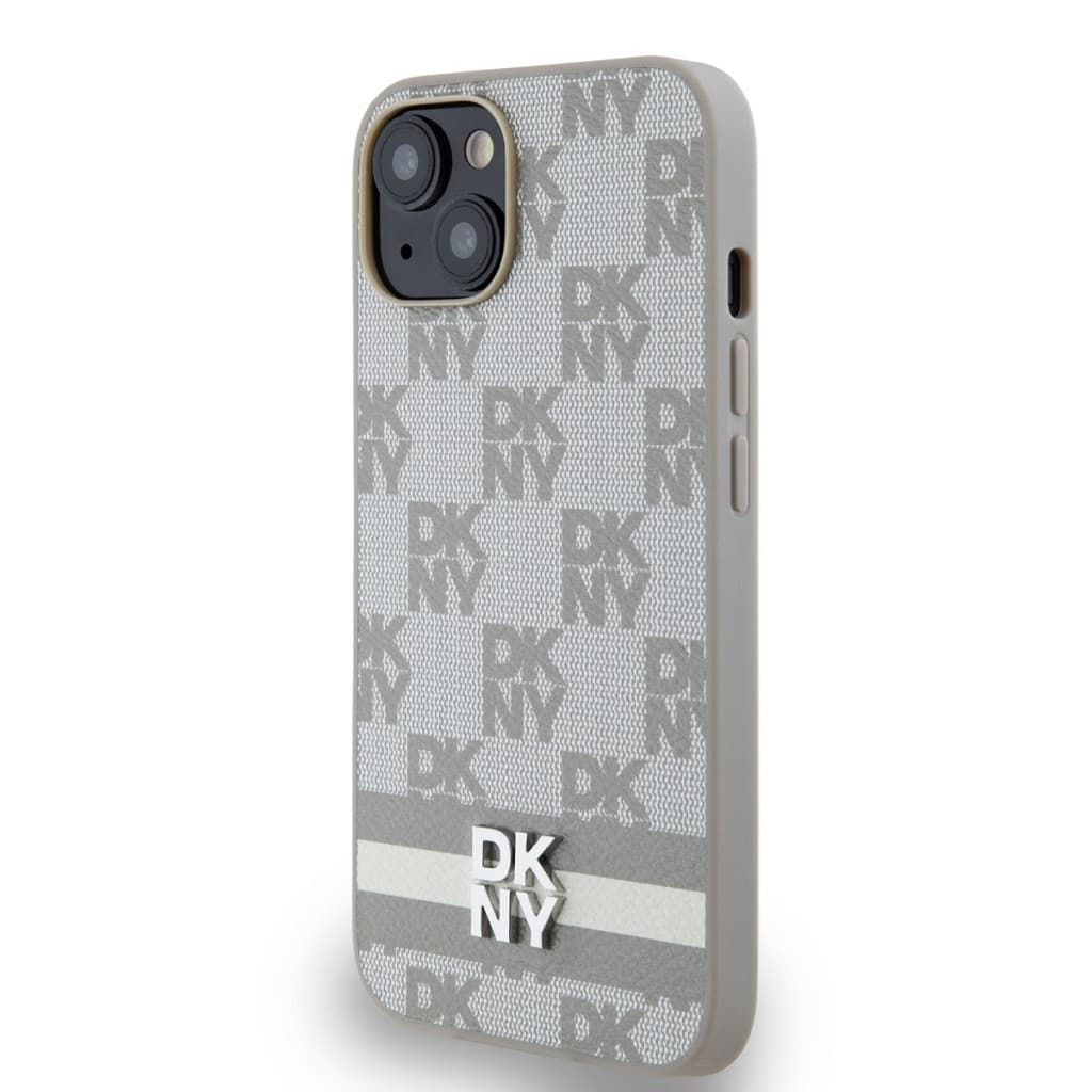Zadní Kryt DKNY PU Leather Checkered Pattern and Stripe na iPhone 15 Beige - náhled 3