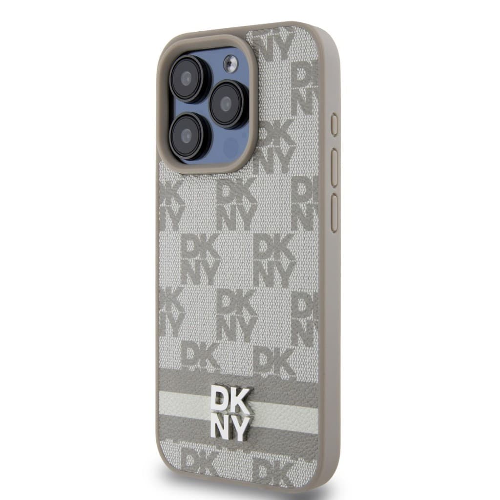 Zadní Kryt DKNY PU Leather Checkered Pattern and Stripe na iPhone 14 Pro Max Beige - náhled 3