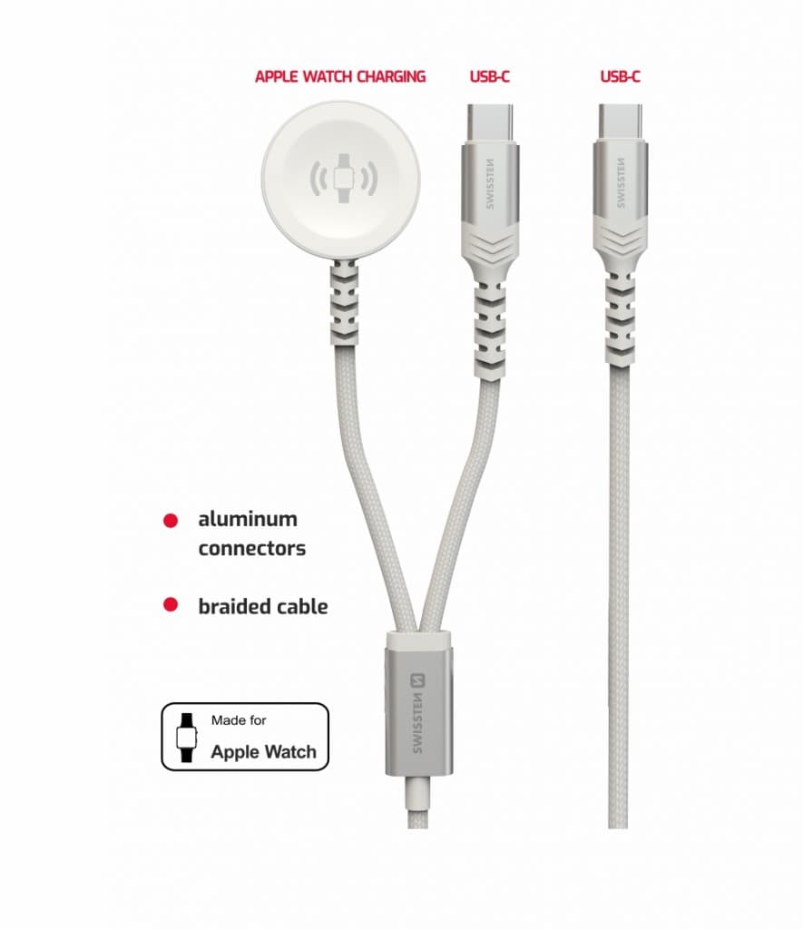 Opletený magnetický kabel Swissten 2v1 pro Apple Watch a USB-C, USB-C 1.2 m bílý - náhled 3