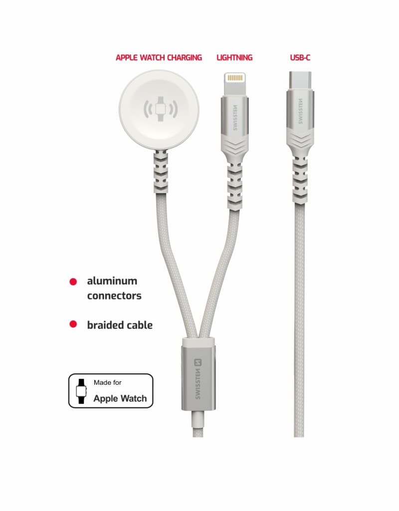 Magnetický kabel opletený Swissten 2v1 pro Apple Watch a Lightning, USB-C 1.2 m bílý - náhled 3