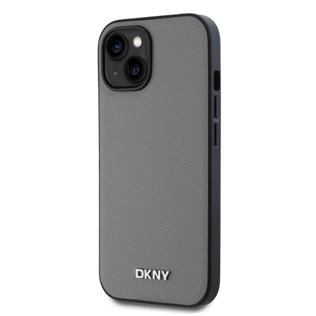 Zadní Kryt DKNY PU Leather Silver Metal Logo Magsafe pro iPhone 13 šedý - náhled 3
