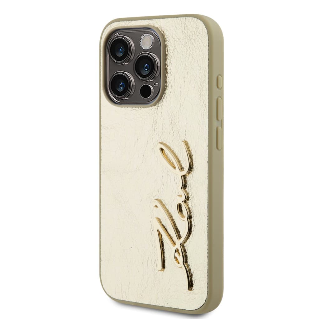 Karl Lagerfeld Wrinkled PU Signature Logo Zadní Kryt pro iPhone 15 Pro Max Gold - náhled 3